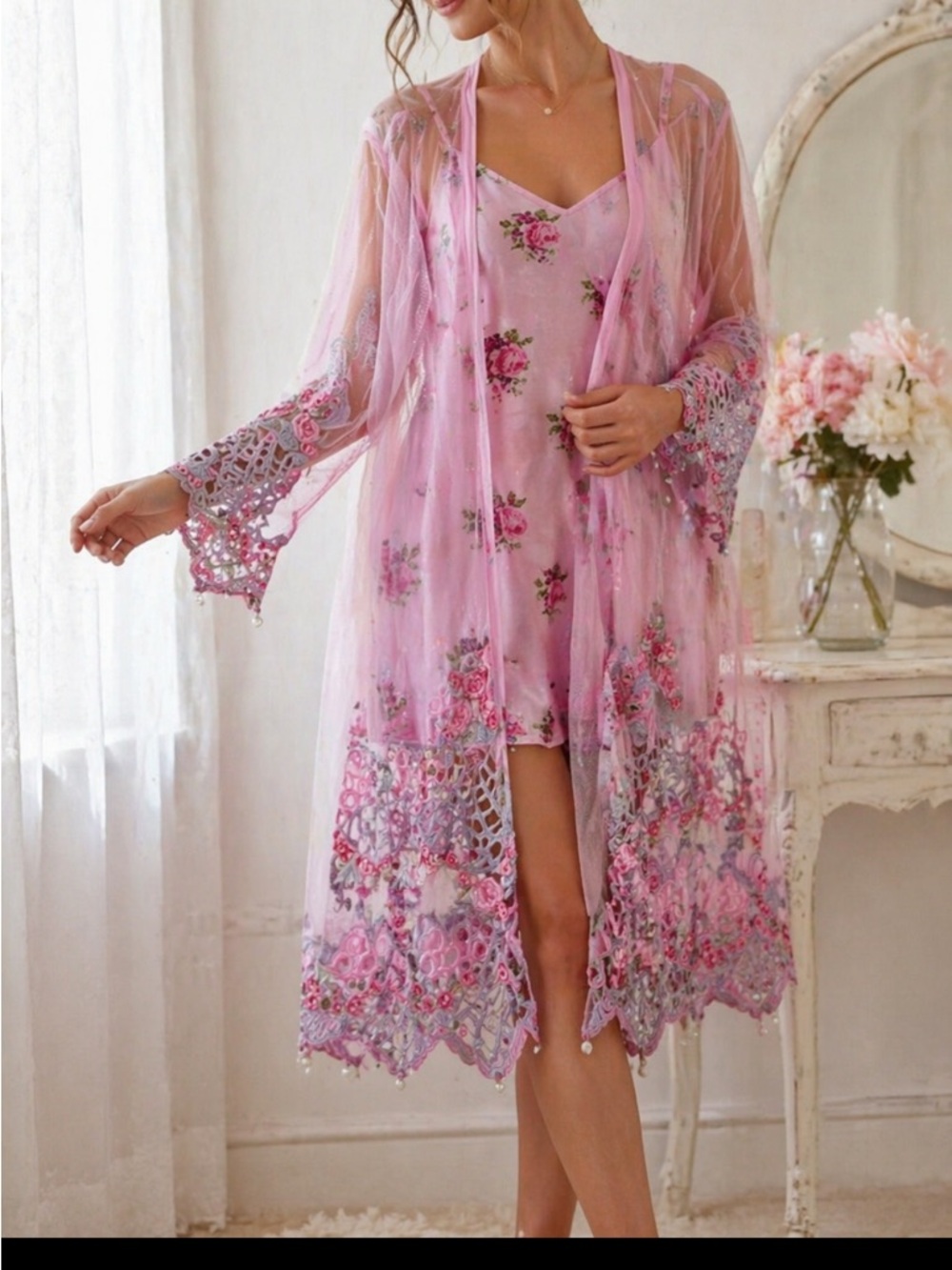 Pink Floral Embroidered Sheer Kimono Robe with nighty